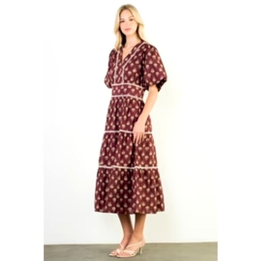 THML Adelyn Midi Dress Puff Sleeve Metallic Floral Wine Lined, Cotton, Sz L, New